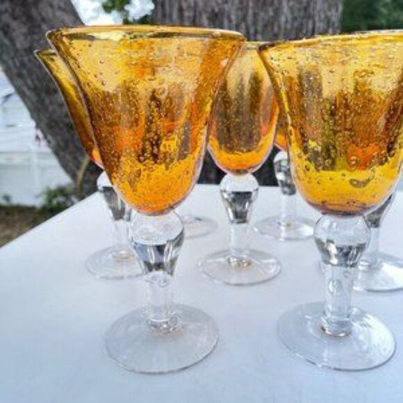 Amber Water Wine Globet Crackle Glass  8 Ounces Set of Seven - Picture 5 of 6